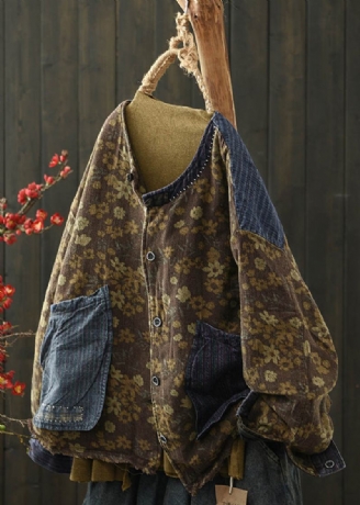 Boho Kaffee Druck Taschen Denim Patchwork Feine Baumwolle Gefüllte Jacke Winter