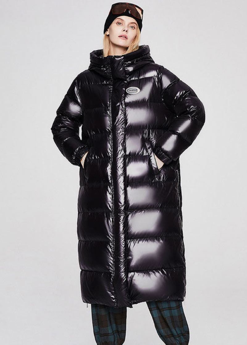 Einzigartige Schwarze Pufferjacke Mit Kapuze Und Einfarbiger Entendaunenjacke Für Den Winter - Schwarz