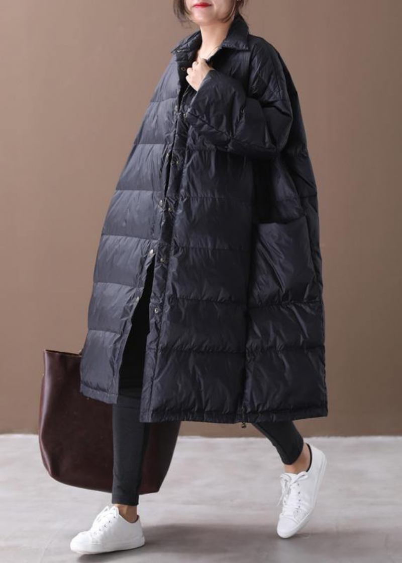 Feiner Schwarzer Daunenmantel Aus Gänseblümchen Winterjacke In Übergröße Stehkragen Mantel Mit Großen Taschen - Damen-Daunenjacken