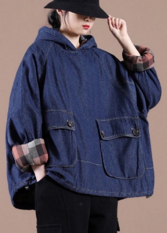 Französische Jeansblaue Kleidung Für Damen Mit Kapuzentaschen Übergroße Frühlingsoberteile