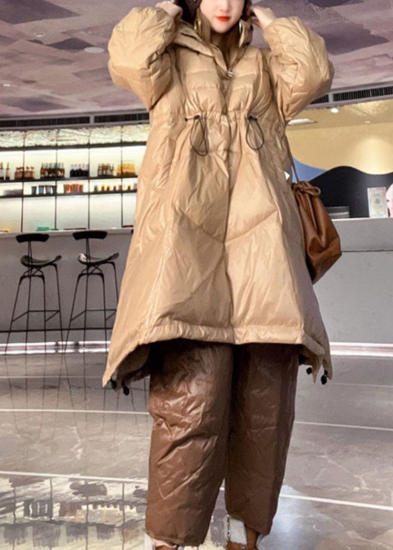 Französischer Khakifarbener Daunengefütterter Pullover Mit Kapuze Und Kordelzug Aus Entendaunen Pufferjacke Für Den Winter - Damen-Daunenjacken