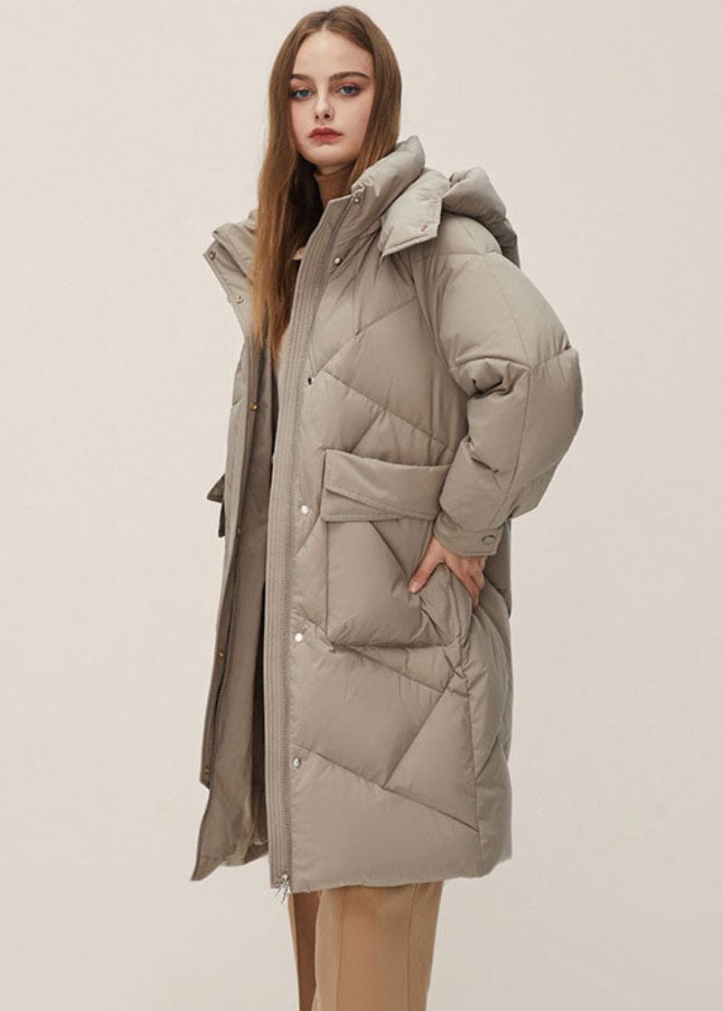 Graue Einfarbige Dicke Pufferjacke Aus Entendaunen In Übergröße Mit Kapuze Für Den Winter - Grau