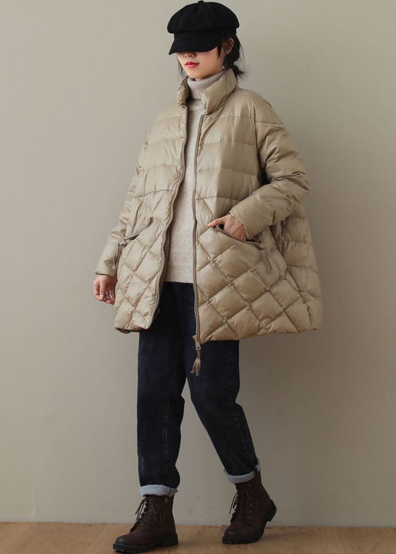 Khakifarbener Parka Mit Feiner Baumwollfüllung Stehkragen Reißverschluss Einfarbig Winter - Khaki
