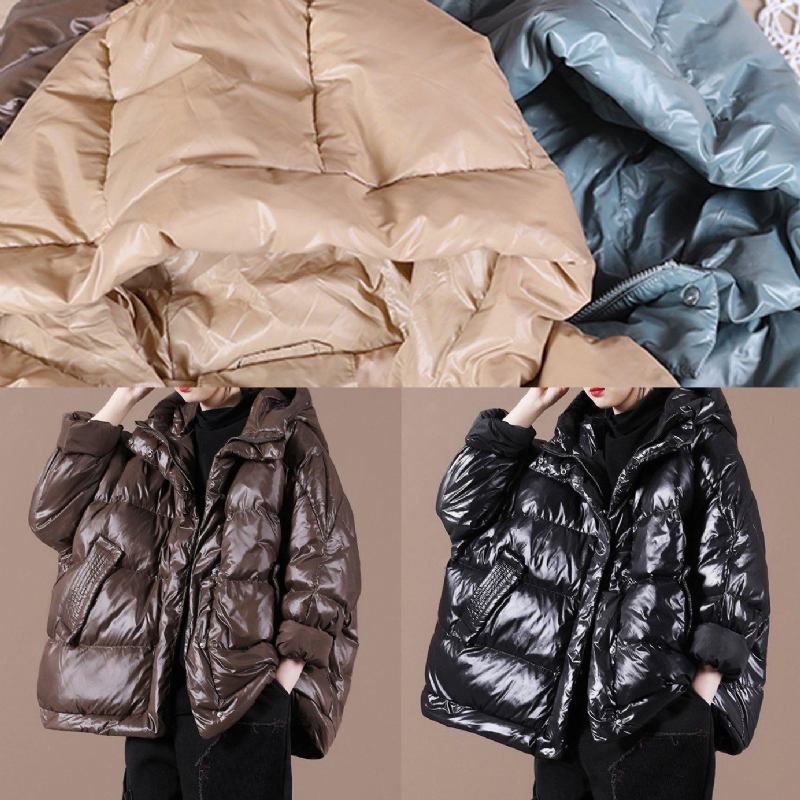 Lässiger Parka Für Damen In Übergröße Schokoladenbrauner Daunenmantel Mit Kapuze Und Reißverschluss - schwarz