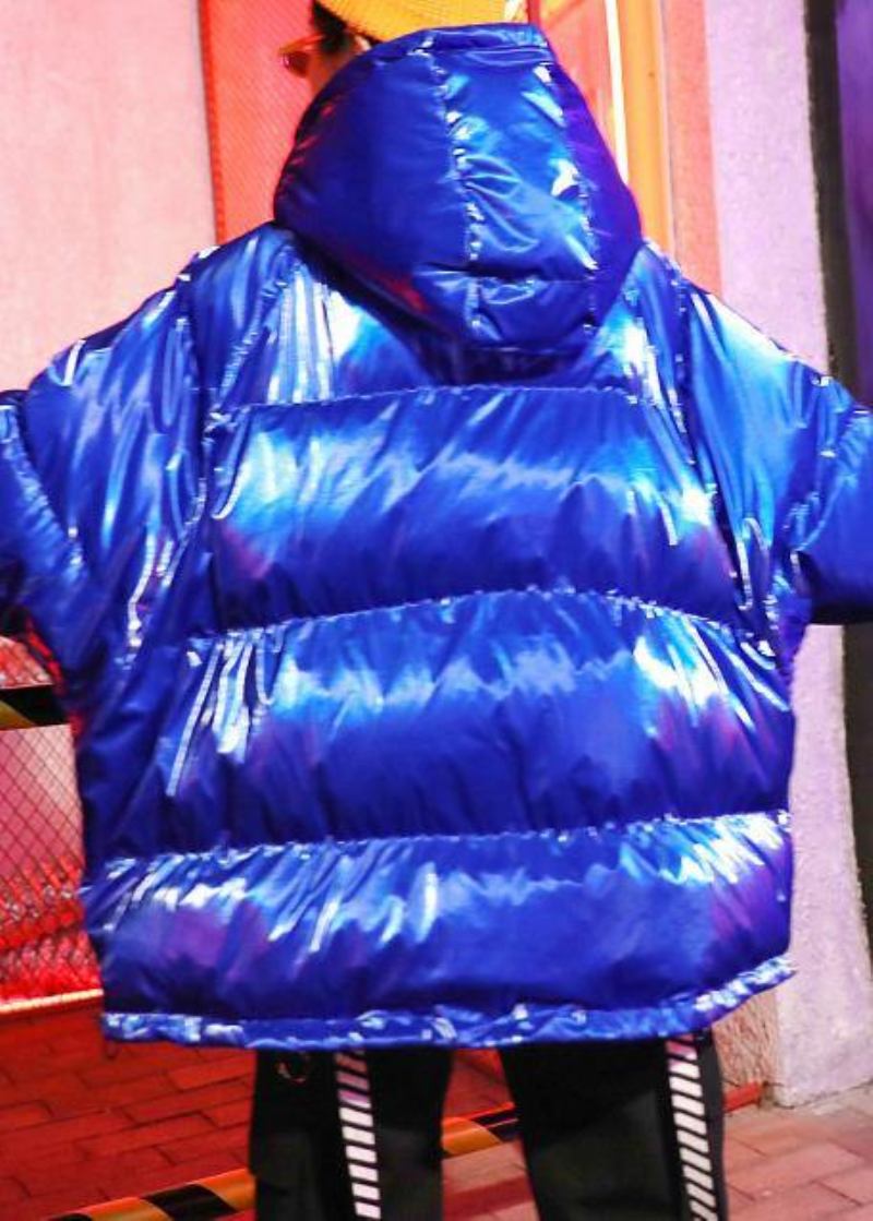Luxuriöse Übergroße Winterjacke Übermantel Blau Bedruckt Mit Kapuze Und Reißverschluss Winterparkas - silbergrau
