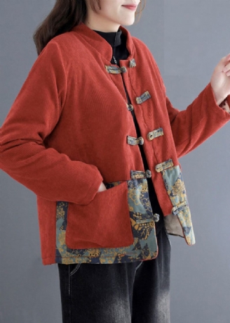 Orangefarbener Patchwork-parka Mit Vintage-aufdruck Und Taschen Aus Dickem Cord Herbst