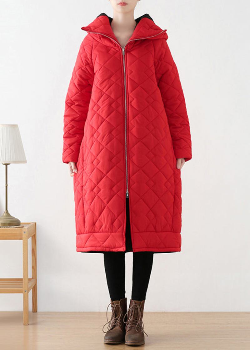 Roter Dicker Langer Winterparka Mit Reißverschluss Und Kapuze In Übergröße - Rot