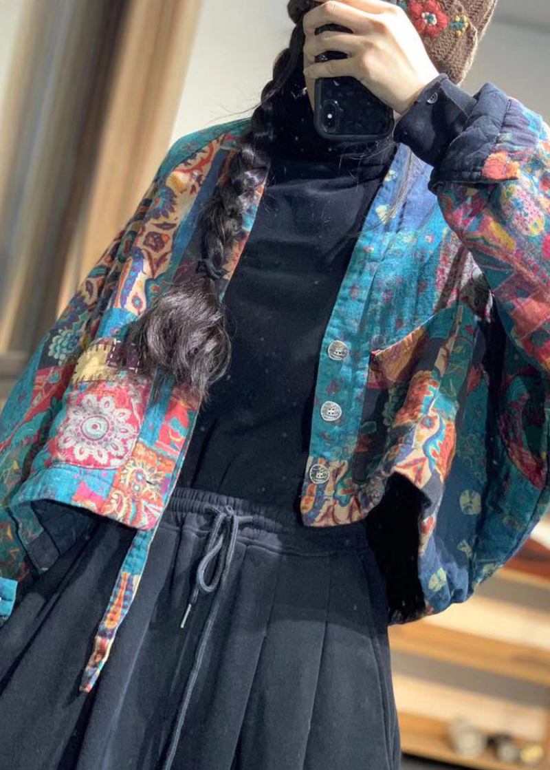 Vintage-parka Aus Leinen Mit Blumenmuster V-ausschnitt Taschen Und Fledermausärmeln - Blume Farbe