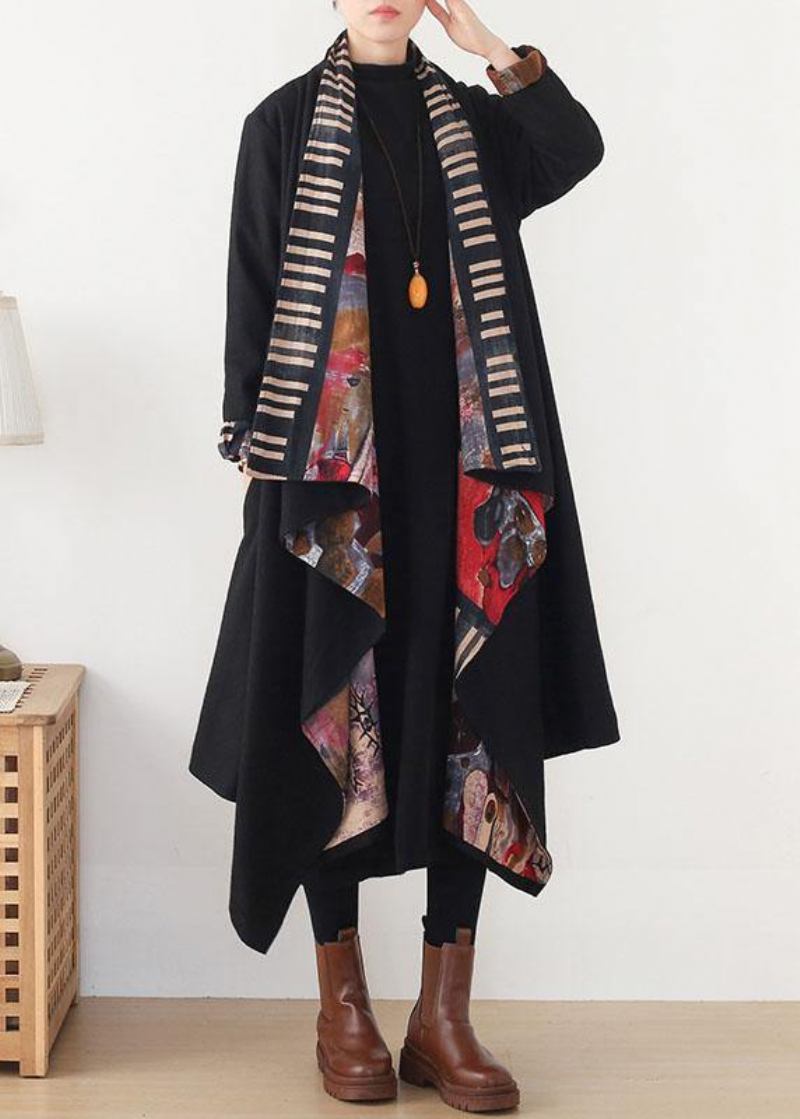 Boho-schwarz-roter V-ausschnitt Asymmetrisches Design Langer Mantel Für Den Herbst