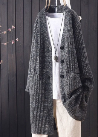 Edler Grauer Warmer Langer Strickjacke Mit V-ausschnitt Und Taschen Für Den Winter