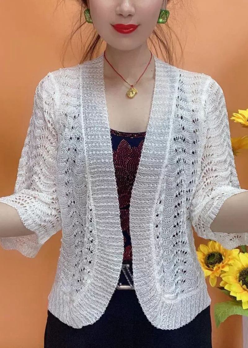 Einfache Weiße V-ausschnitt-strickcardigans Mit Aushöhlung Für Armreifärmel