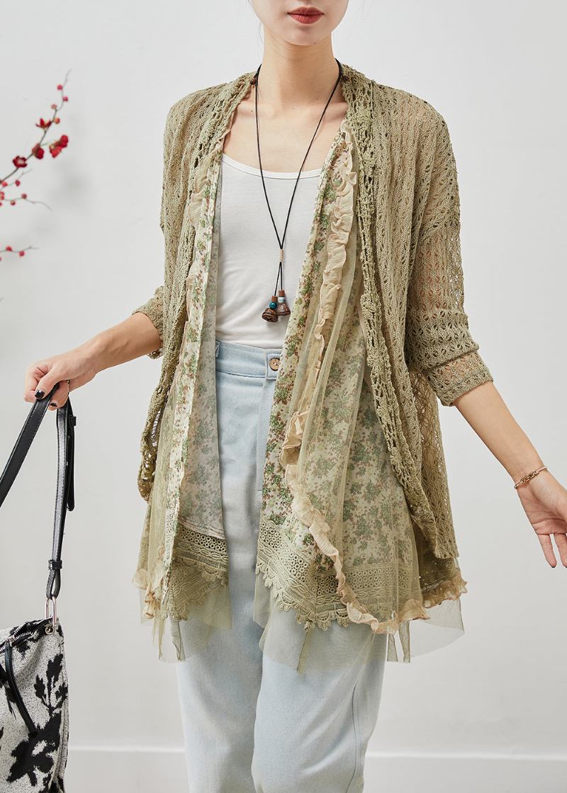 Eleganter Grüner Gerüschter Patchwork-pullover Aus Spitze Ausgehöhlt Herbst - Damen-Cardigans