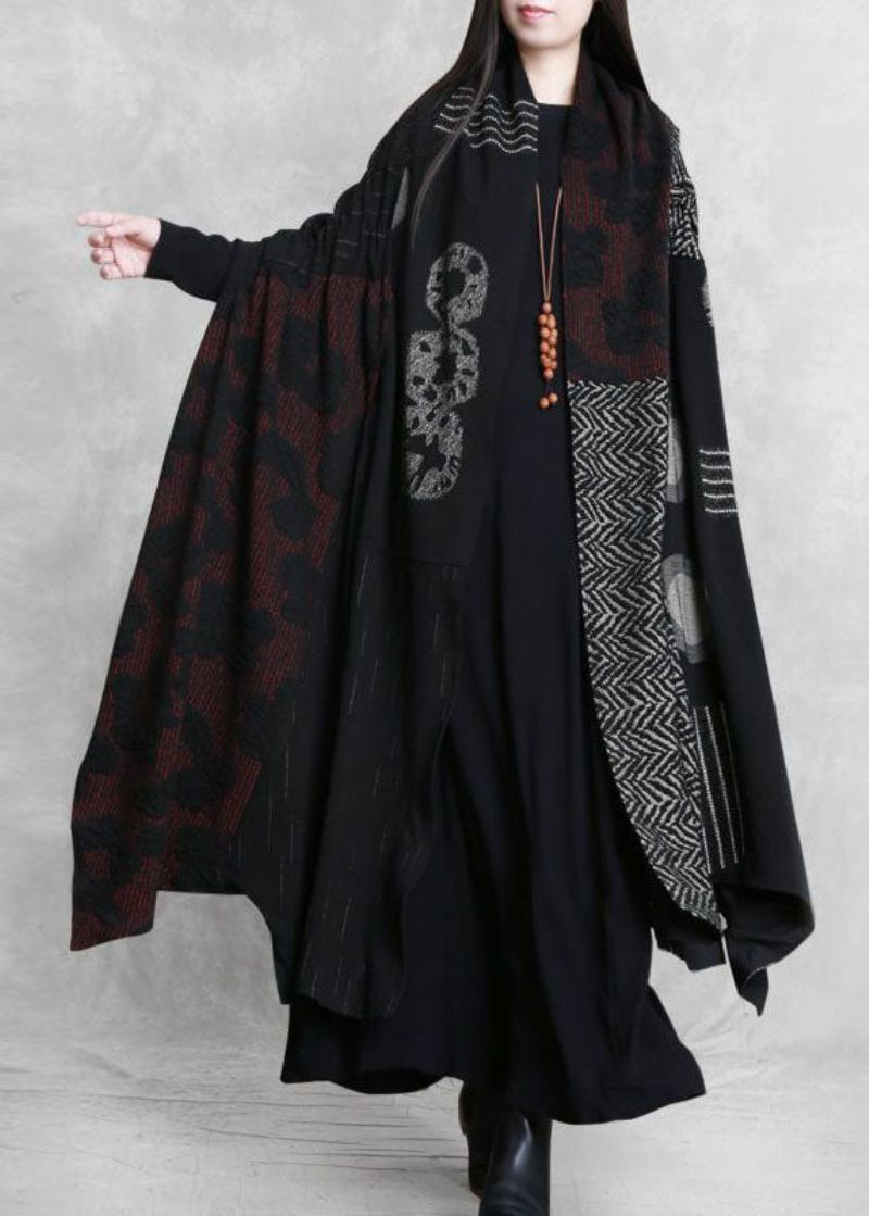 Französischer Schwarzer Übergroßer Baumwollcardigan Mit Patchwork-print Und Fledermausärmeln - Damen-Cardigans