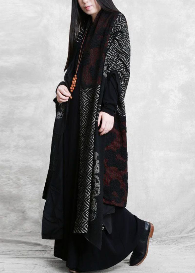 Französischer Schwarzer Übergroßer Baumwollcardigan Mit Patchwork-print Und Fledermausärmeln - Damen-Cardigans