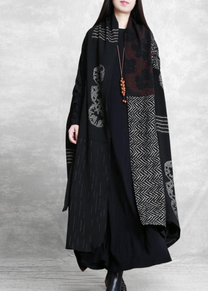 Französischer Schwarzer Übergroßer Baumwollcardigan Mit Patchwork-print Und Fledermausärmeln - Damen-Cardigans
