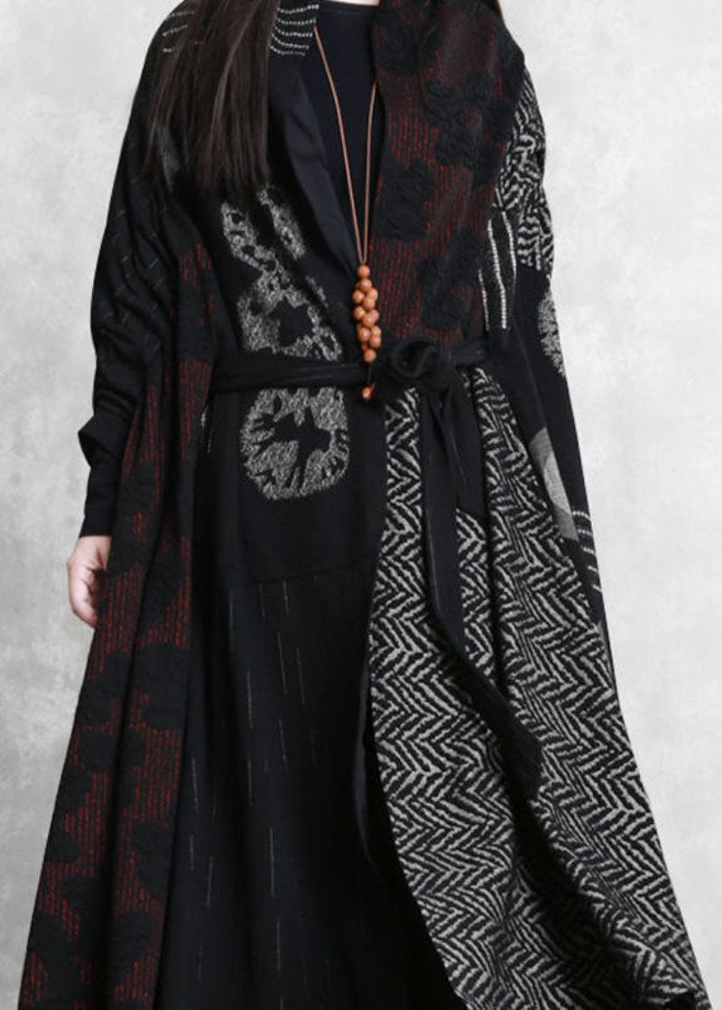 Französischer Schwarzer Übergroßer Baumwollcardigan Mit Patchwork-print Und Fledermausärmeln - Damen-Cardigans