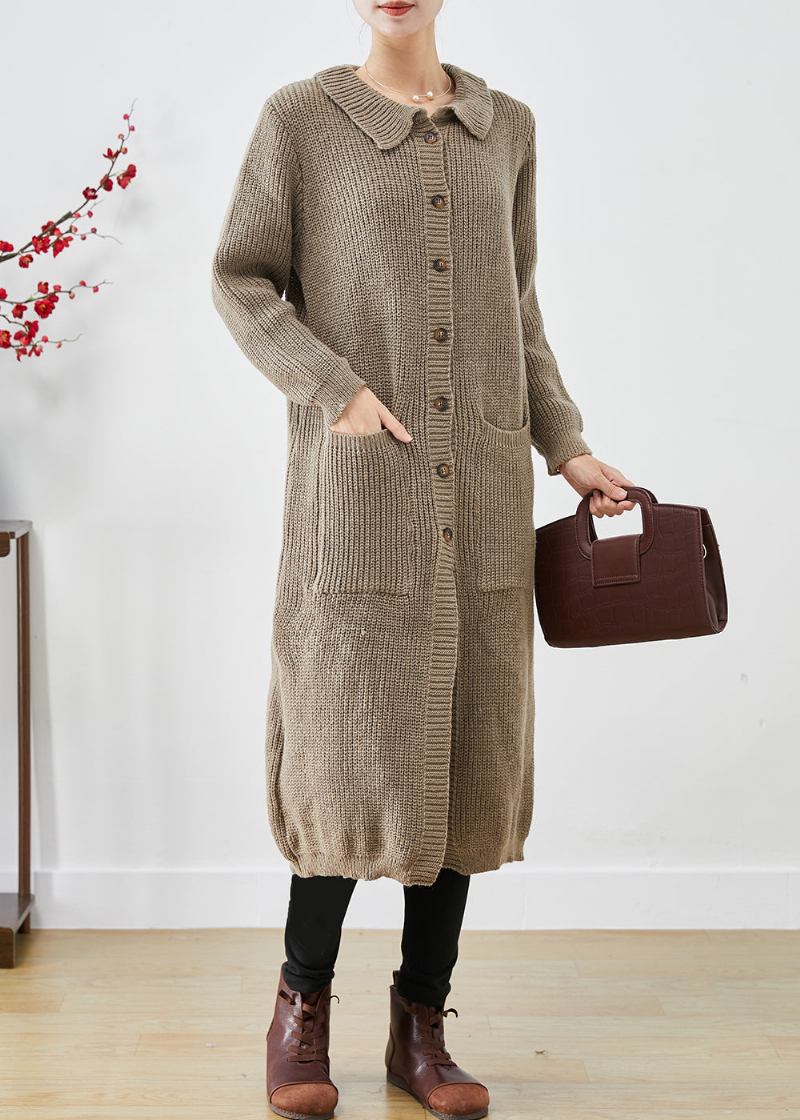 Khakifarbener Trenchcoat Aus Dickem Strick Mit Übergroßen Taschen Für Den Herbst - Damen-Cardigans