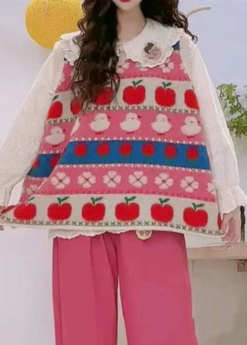 Langärmliger Kuscheliger Baumwoll-strickmantel Mit Rosa Patchwork-stickerei Für Damen - Damen-Cardigans