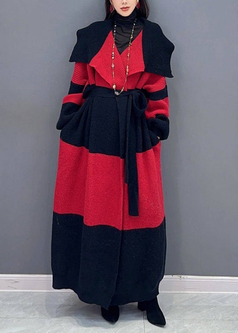 Lockere Weiße Patchwork-strickjacke Aus Baumwolle Mit Langen Ärmeln Und Bindegürtel Für Den Herbst - Damen-Cardigans