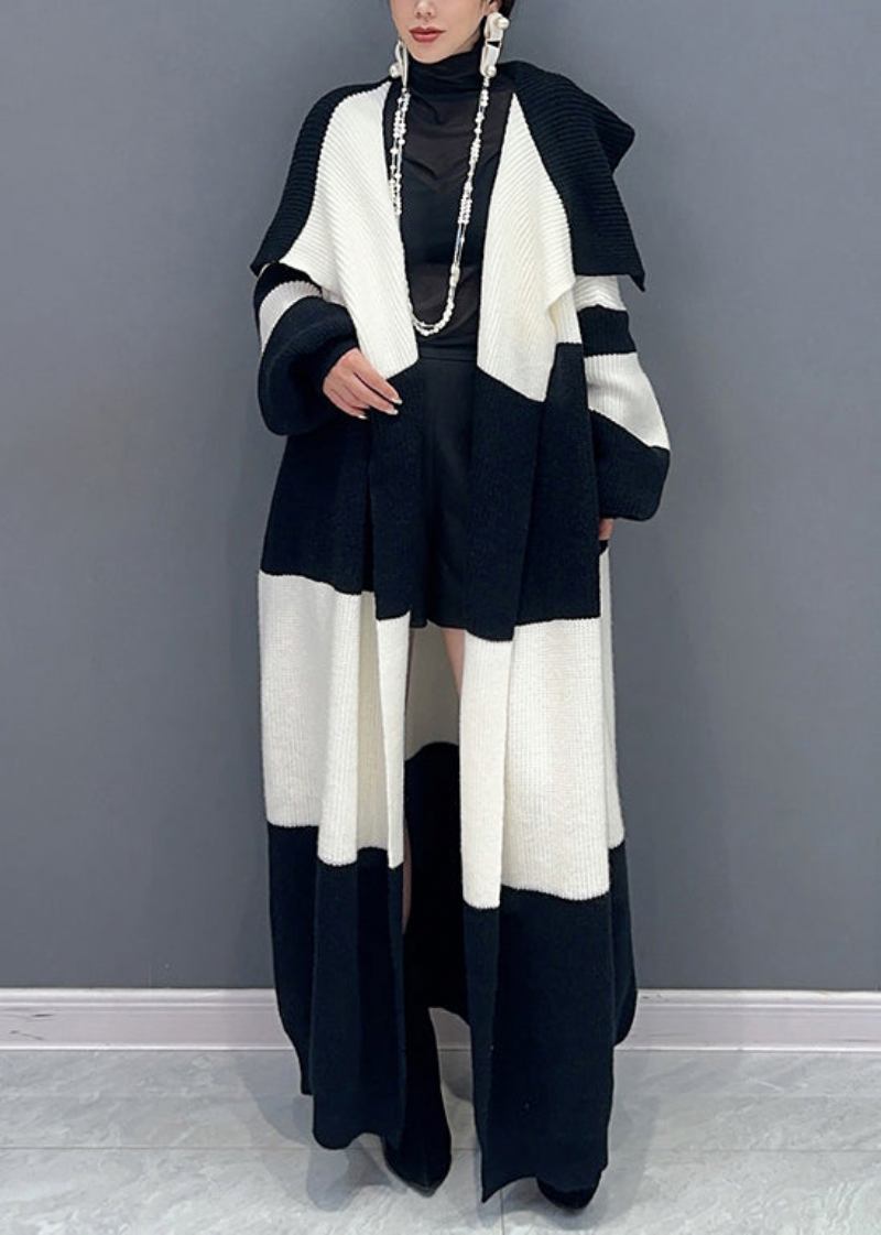 Lockere Weiße Patchwork-strickjacke Aus Baumwolle Mit Langen Ärmeln Und Bindegürtel Für Den Herbst - Damen-Cardigans