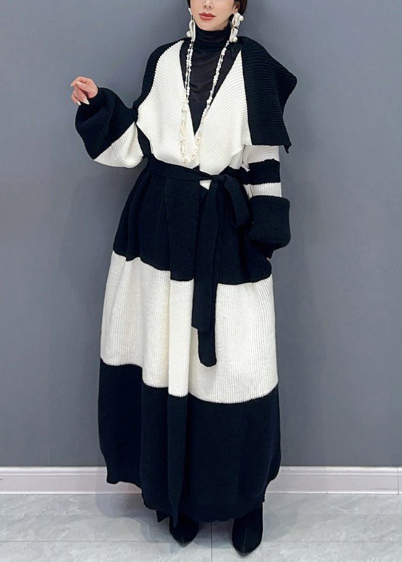 Lockere Weiße Patchwork-strickjacke Aus Baumwolle Mit Langen Ärmeln Und Bindegürtel Für Den Herbst - Damen-Cardigans