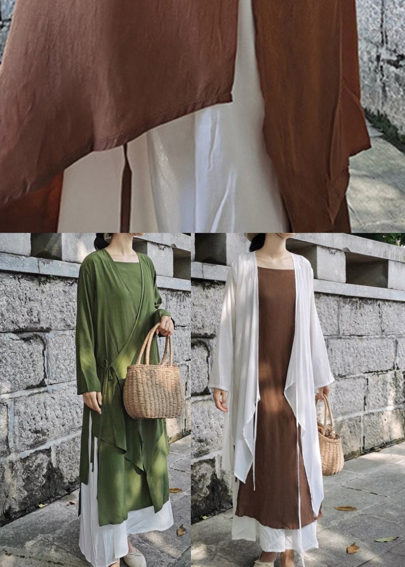 Moderne Einfarbige Lange Strickjacke Aus Baumwolle Mit Bindegürtel Für Den Sommer - Grün