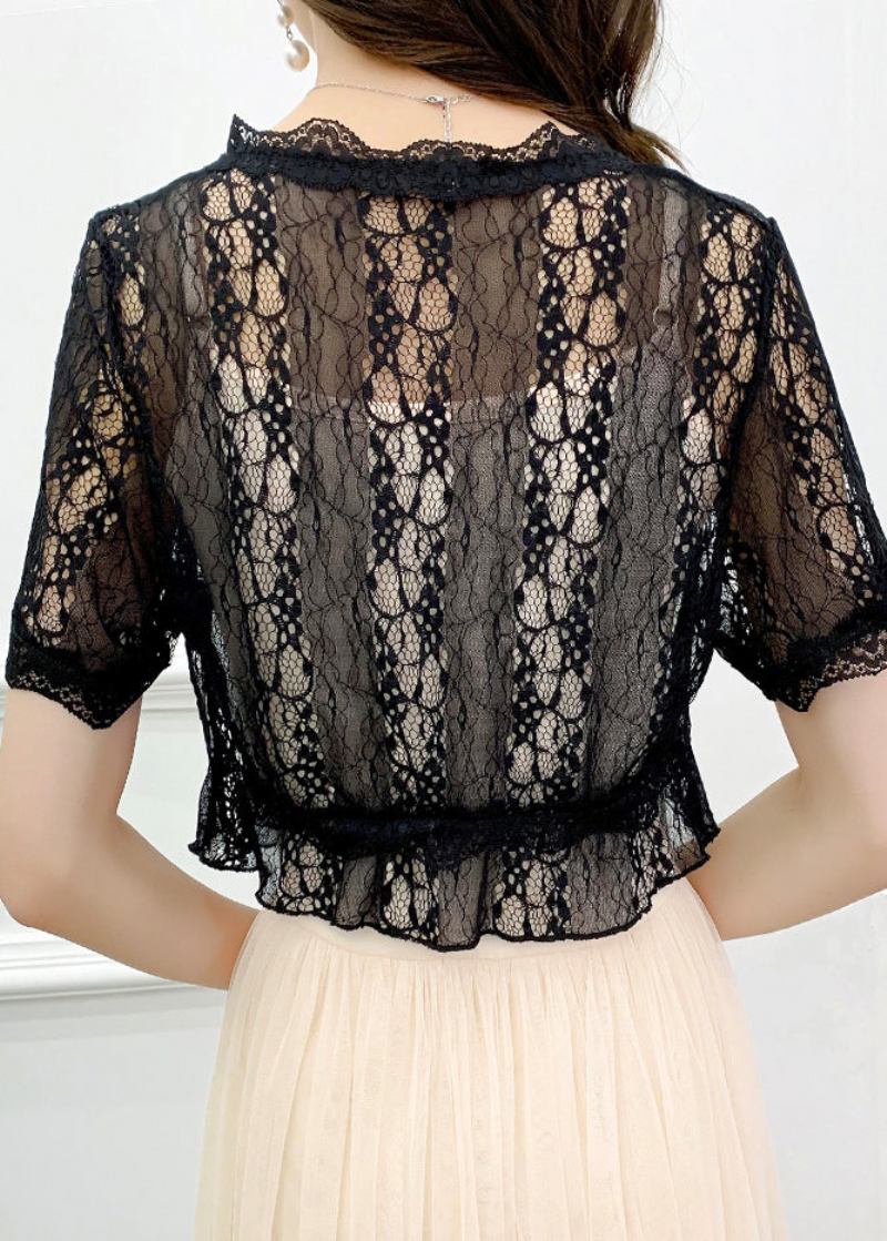 Schmal Geschnittene Schwarze Spitzen-cardigans Mit Schnürung Und Aushöhlung Für Den Sommer - Damen-Cardigans