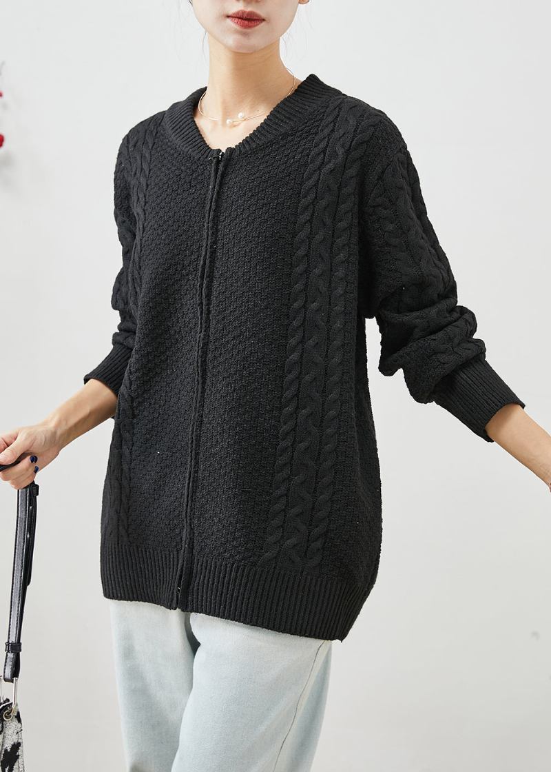 Schwarze Übergroße Warme Strickjacke Mit Zopfmuster Im Herbst Mit Reißverschluss - Damen-Cardigans