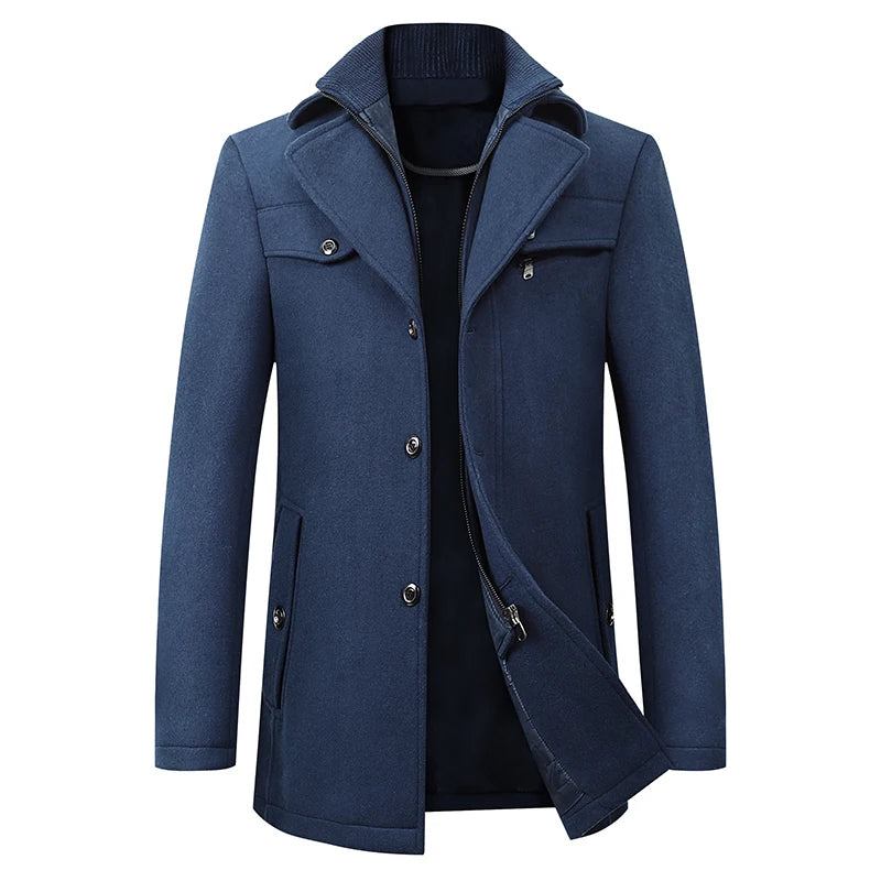 Winter-windjacke Aus Wolle Für Herren Einfarbiger Trenchcoat Schmale Passform Business-freizeit-wollmantel-mischgewebe - Schwarz
