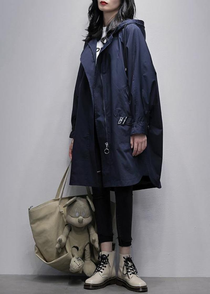 Art Kapuzen-reißverschluss Fashion Kranich Mäntel Blau Große Größen Kleidung - Damen-Trenchcoats