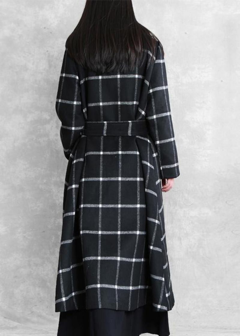 Boutique Schwarzer Karierter Wollmantel Für Damen Locker Sitzender Wintermantel Mit Gekerbter Taille - Damen-Trenchcoats