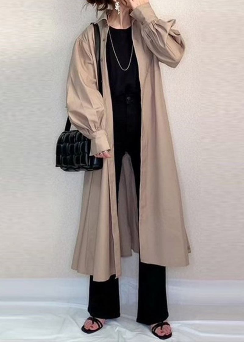 Chic Apricot Peter Pan Kragen Wrinkled Patchwork Baumwolle Long Shirt Trenchcoat Frühling - Damen-Trenchcoats