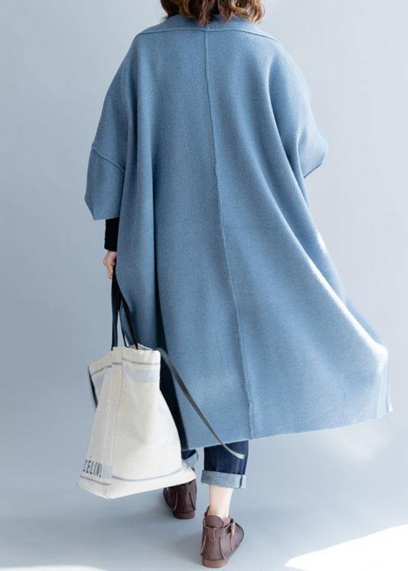 Frauen Blau Wolle Mantel Lose Sitzende Lange Winter Herbst Jacken Batwing Ärmel - blau