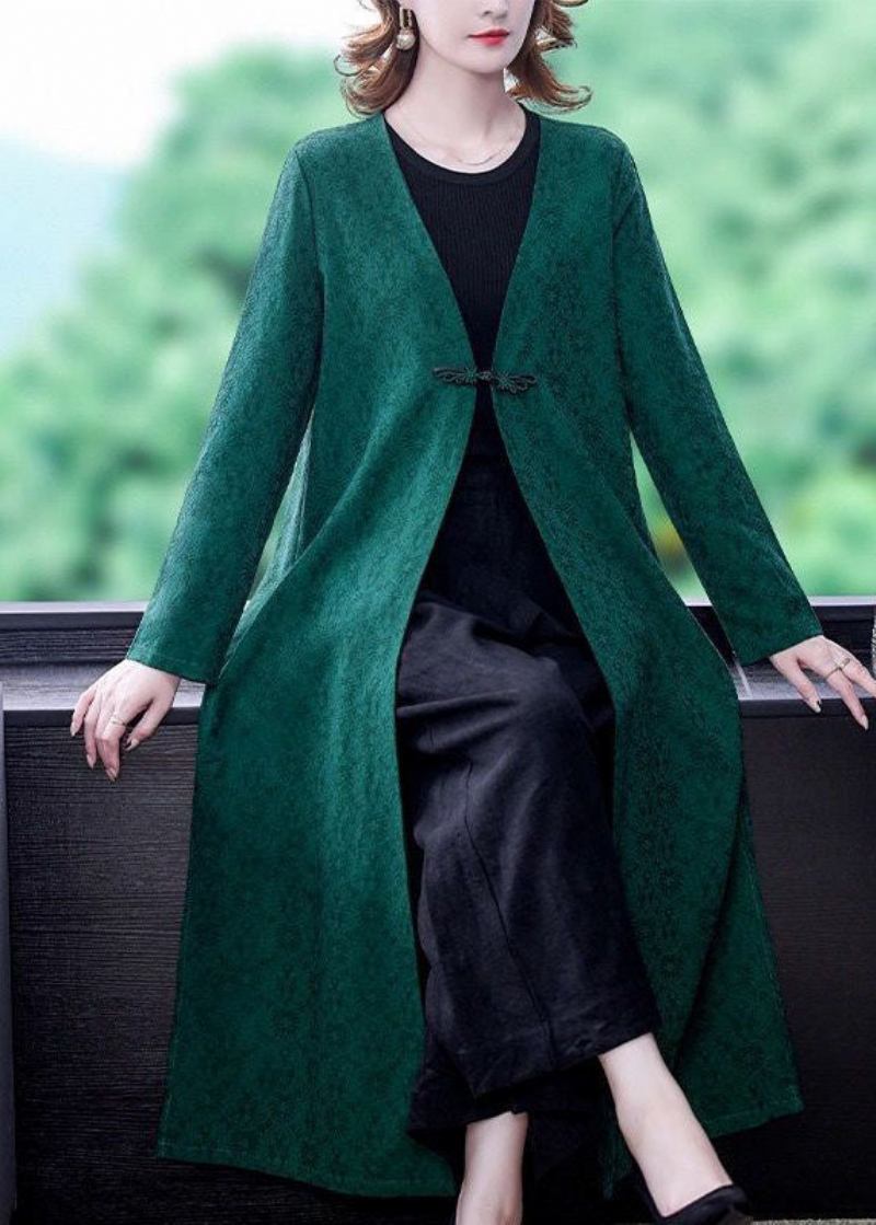 Grüner Jacquard-seiden-trenchcoat Mit V-ausschnitt Und Orientalischen - Grün