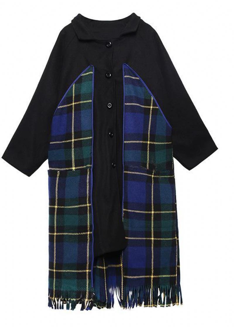 Luxuriöse Locker Sitzende Jacken Und Mäntel Im Patchwork-stil Blau Karierter Wollmantel Mit Quaste - Damen-Trenchcoats