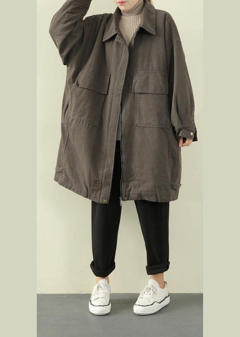 Luxuriöses Graugrünes Casual-outfit Trendige Winterjacke In Übergröße Mit Revers Und Reißverschluss - graugrün