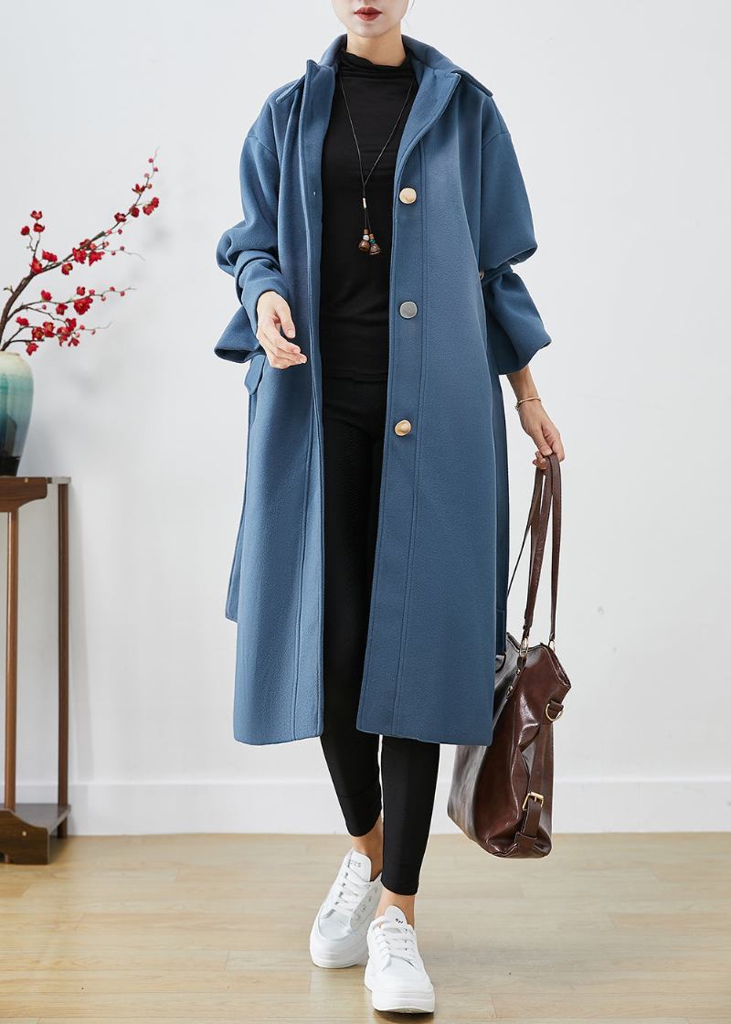 Mode Blau Grau Peter Pan Kragen Krawatte Taille Woll Graben Herbst - Damen-Trenchcoats