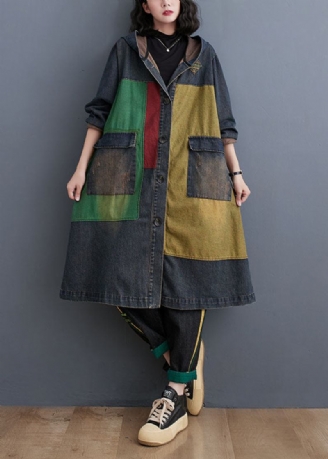 Vintage Colorblock Patchwork Knopf Kapuze Denim Trenchcoat Langarm
