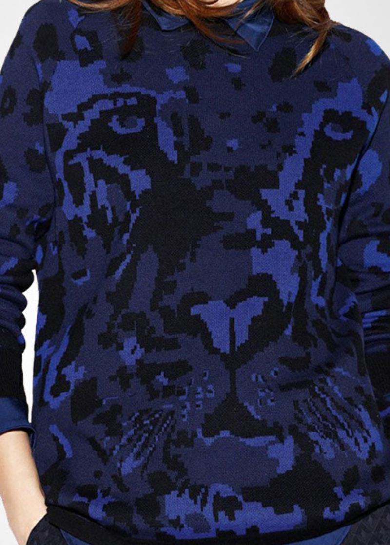Boutique-marineblaue O-ausschnitt-wollstrickhemden Mit Patchwork-print Winter - Damen-Wollmäntel