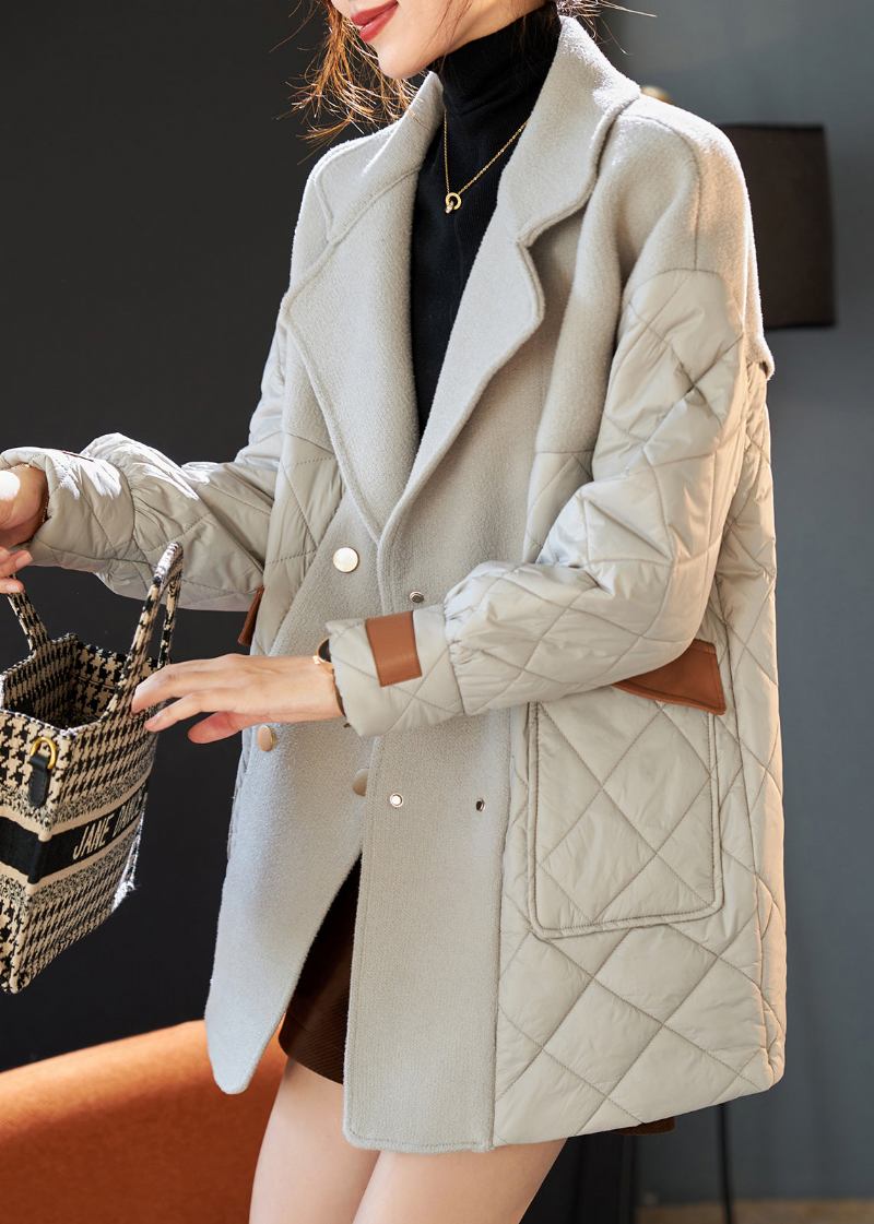 Französisch-graue Patchwork-wollmäntel Mit Baumwollfüllung Für Den Winter - Damen-Wollmäntel