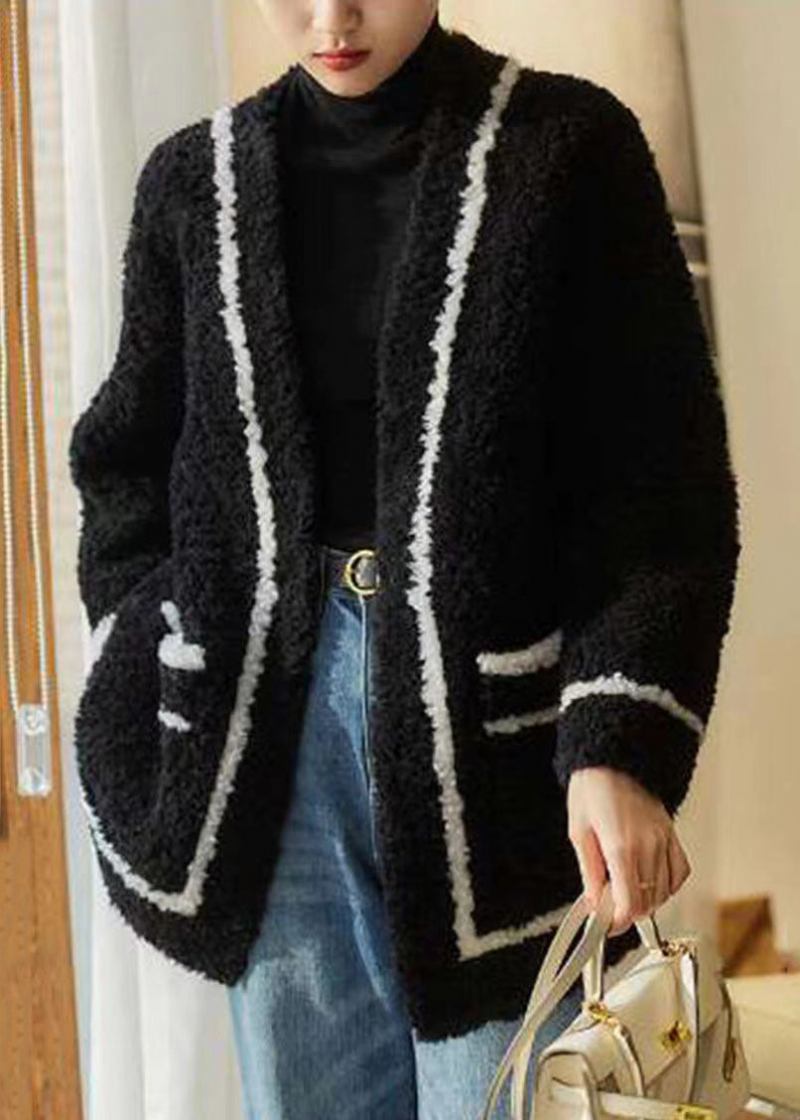 Französischer Weißer Patchwork-wollmantel Mit V-ausschnitt Und Taschen Für Den Winter - Damen-Wollmäntel