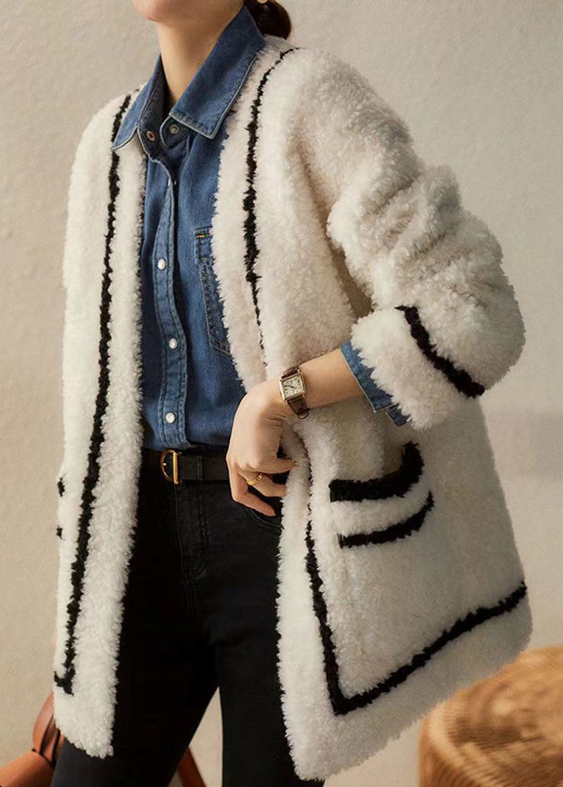 Französischer Weißer Patchwork-wollmantel Mit V-ausschnitt Und Taschen Für Den Winter - Damen-Wollmäntel