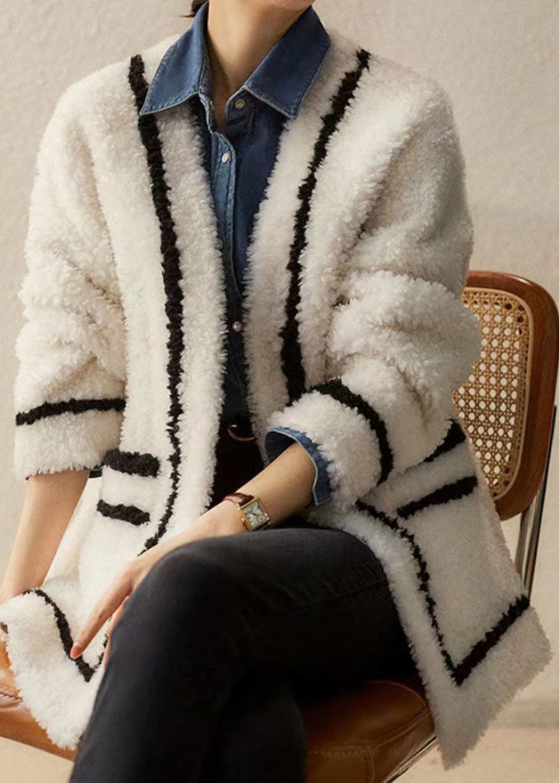 Französischer Weißer Patchwork-wollmantel Mit V-ausschnitt Und Taschen Für Den Winter - Damen-Wollmäntel