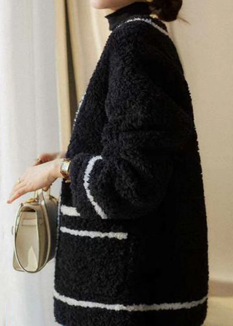 Französischer Weißer Patchwork-wollmantel Mit V-ausschnitt Und Taschen Für Den Winter - Damen-Wollmäntel