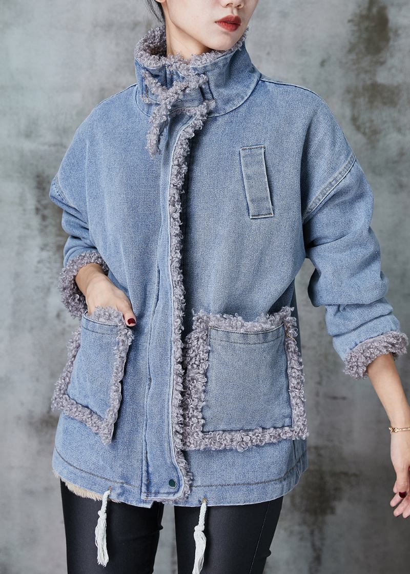 Jeansblauer Übergroßer Patchwork-fleece-wollmantel Mit Innenfutter Für Den Winter - Damen-Wollmäntel