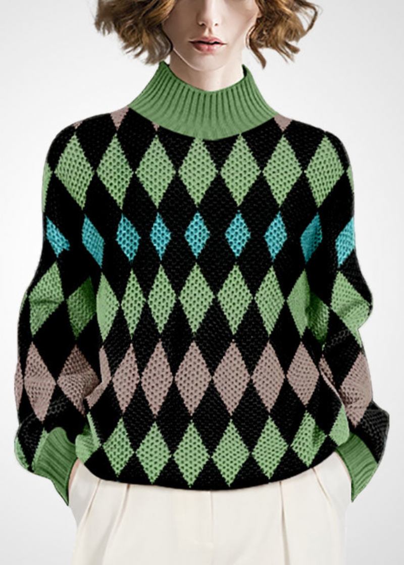 Schöne Grüne Bedruckte Wollstrickoberteile Mit Hohem Kragen Für Den Winter