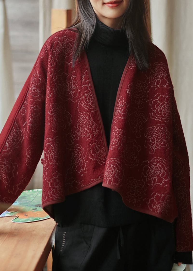Schwarzer Wollmantel Mit V-ausschnitt Und Jacquard-patchwork Im Retro-stil Für Den Winter - Damen-Wollmäntel