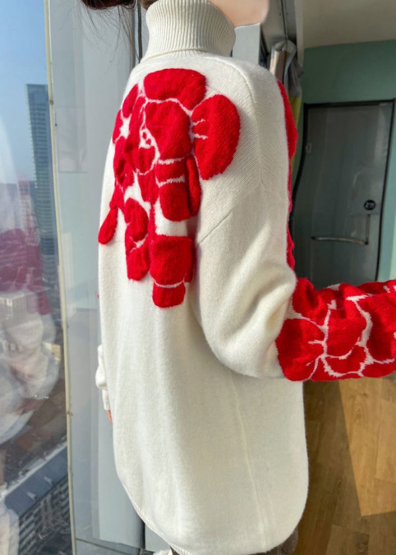 Weißes Rollkragen-patchwork-baumwollstrickhemd Mit Blumenmuster Langärmelig - Damen-Wollmäntel