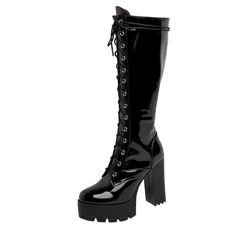 Kniehohe Stiefel Aus Lackleder In Weiß Mit Schnürung Plateaustiefel Für Damen High Heels Nachtclub- Und Partyschuhe - Schwarz