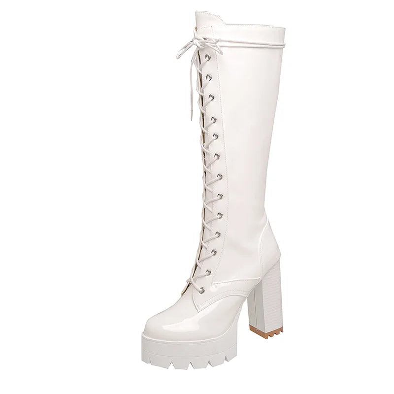Kniehohe Stiefel Aus Lackleder In Weiß Mit Schnürung Plateaustiefel Für Damen High Heels Nachtclub- Und Partyschuhe - Schwarz